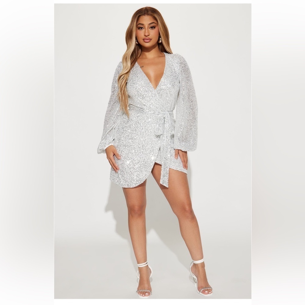 NWT Fashion Nova Liliana sequin mini dress silver surplice tie waist wrap dress - Picture 2 of 4